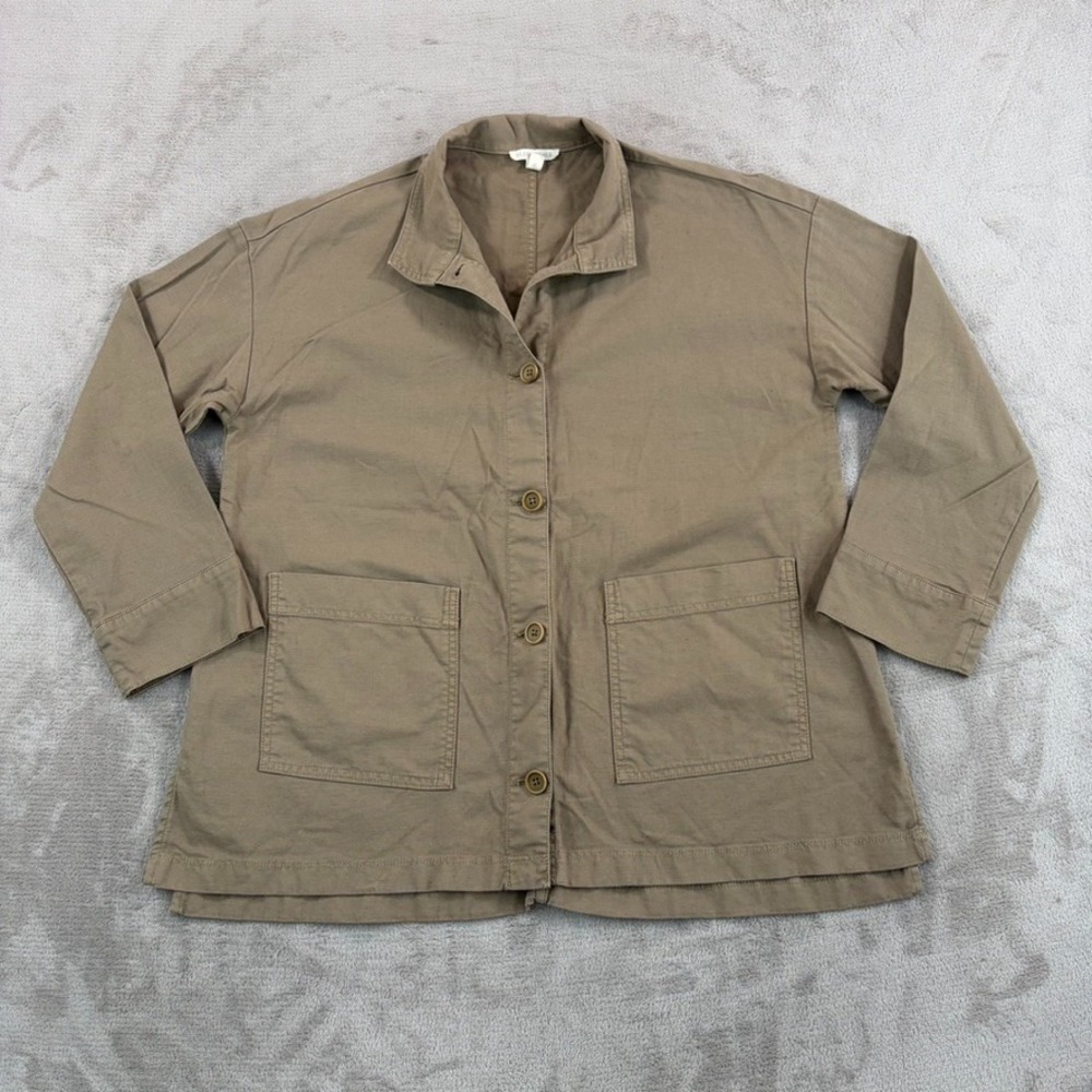 Eileen Fisher Cotton‎ Hemp Stretch Stand Collar Jacket in Olive Women PM Petite
